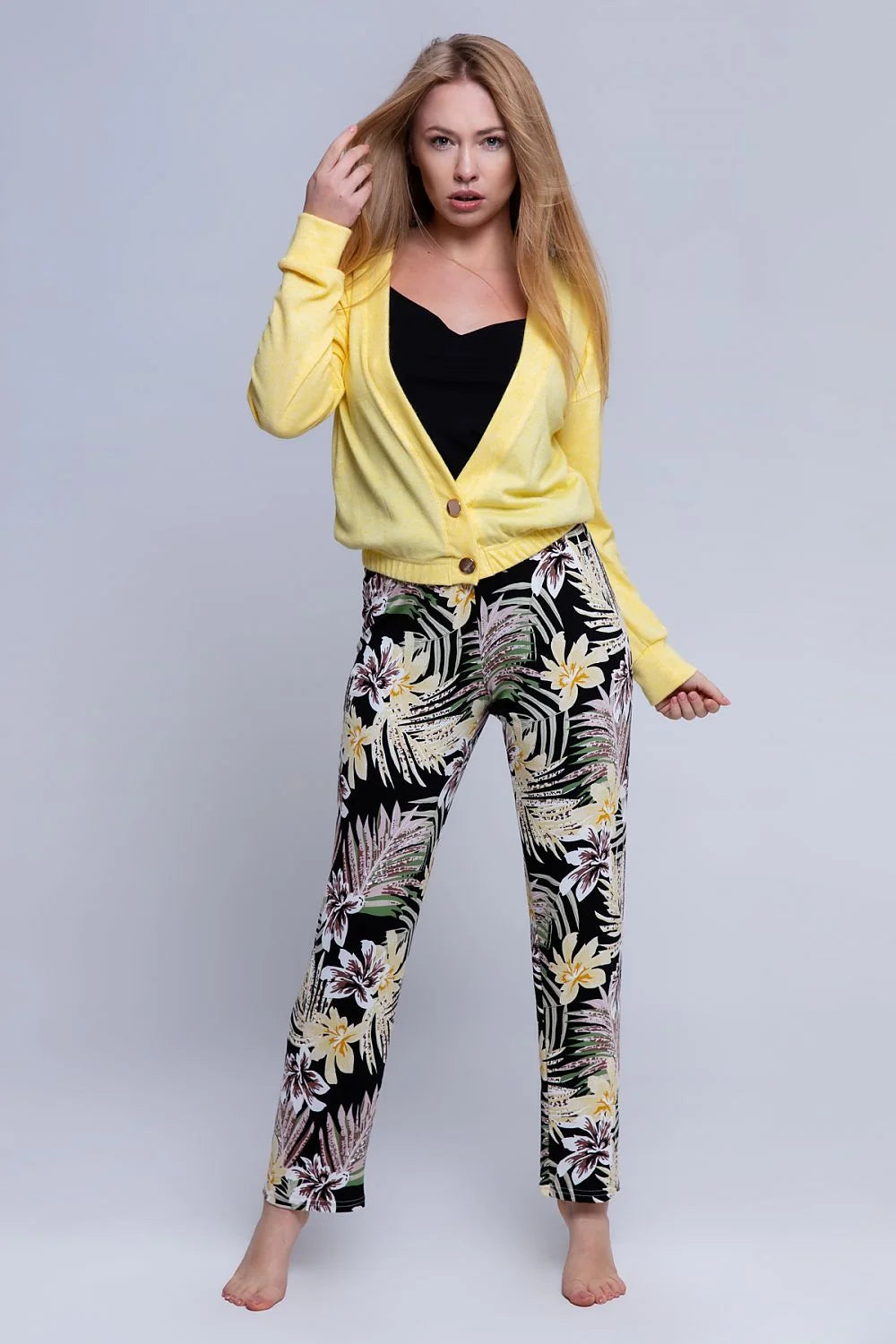 Cardigan et Pantalon Femme Style Estival Imprimé Tropical Jaune Clair Manches Longues Taille Élastique