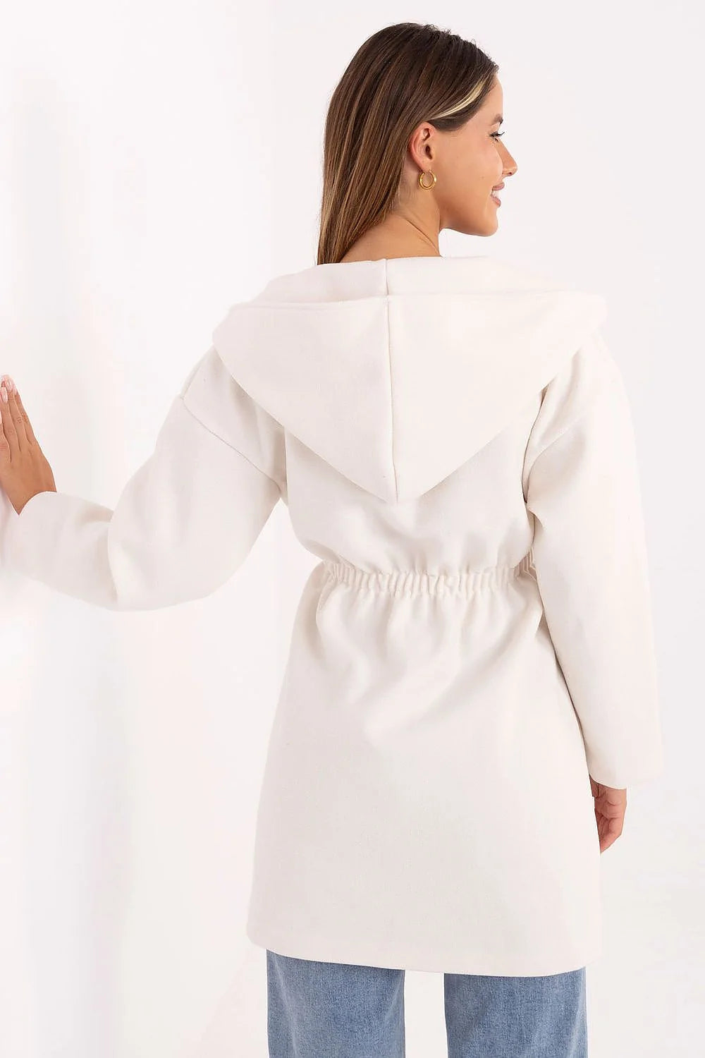 manteau femme mi long ceinturé ivoire crème col châle large manches longues poches latérales coupe droite