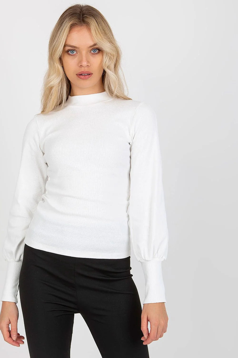 ensemble chemisier pull col montant maille fine côtelée fuchsia vif manches longues bouffantes poignets froncés haut ajusté pantalon