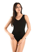 Body élégant pour femme en coton noir stretch ajusté décolleté V bretelles larges occasion polyvalente