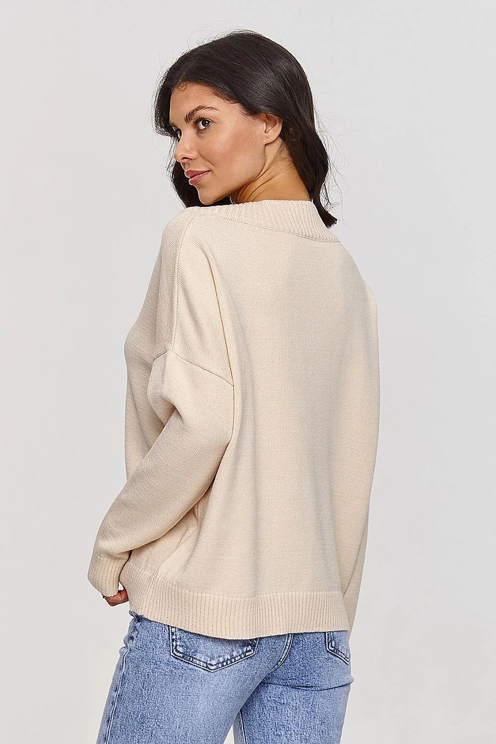 Pull pour femme en viscose et PBT, col V, coupe ample, beige clair, manches longues, finitions côtelées