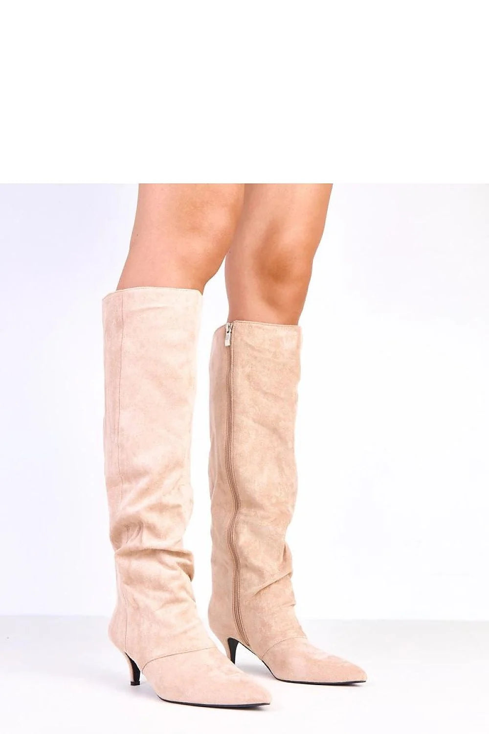 bottes montantes femme suédé écologique beige bout pointu fin tige43cm ajustée mollet talon6cm kitten fermeturezippée confortables élégantes