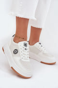baskets femme basses plateforme épaisse blanches cuir synthétique empiècements textile rembourré semelle gomme marron logo rond languette BigStar