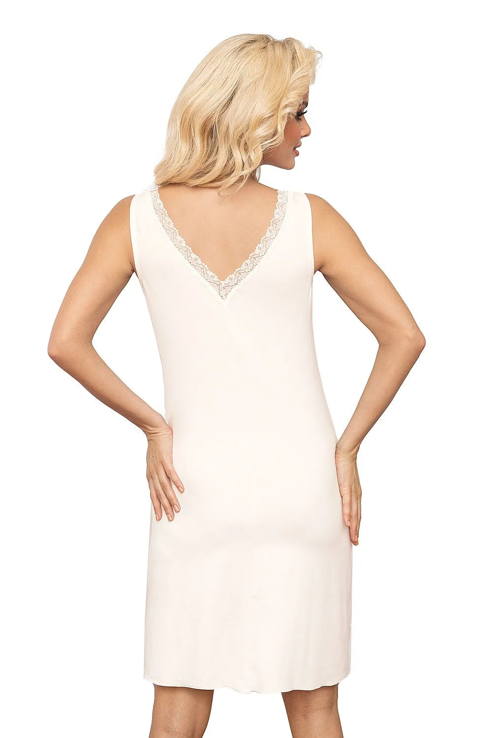 nuisette sexy élégante sans manches dentelle fine viscose élasthanne ivoire encolure V froncée coupe droite genou fluide douce