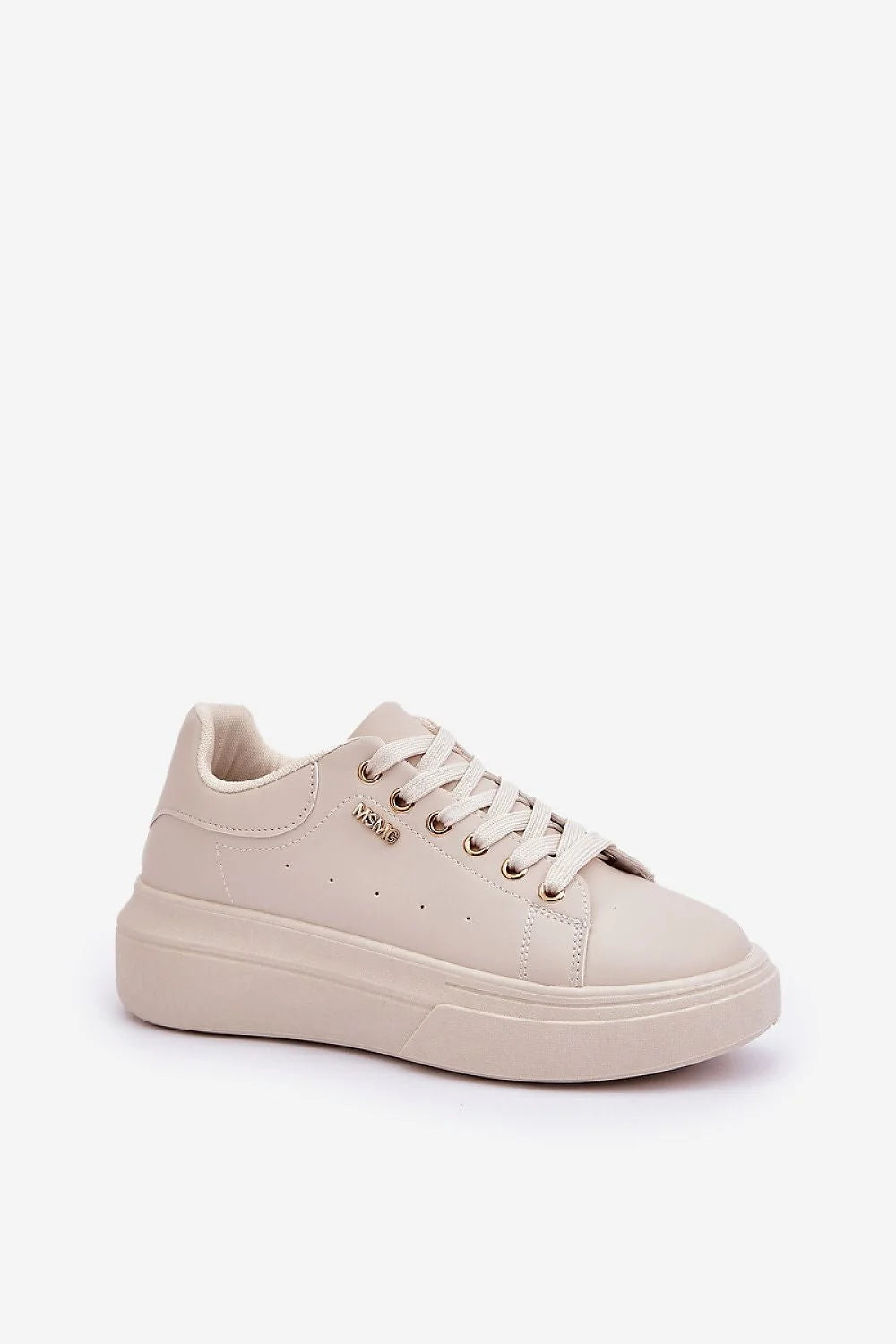 Chaussures de sport pour femmes design moderne épuré couleur beige cuir synthétique semelle épaisse confort lacets dorés perforations décoratives