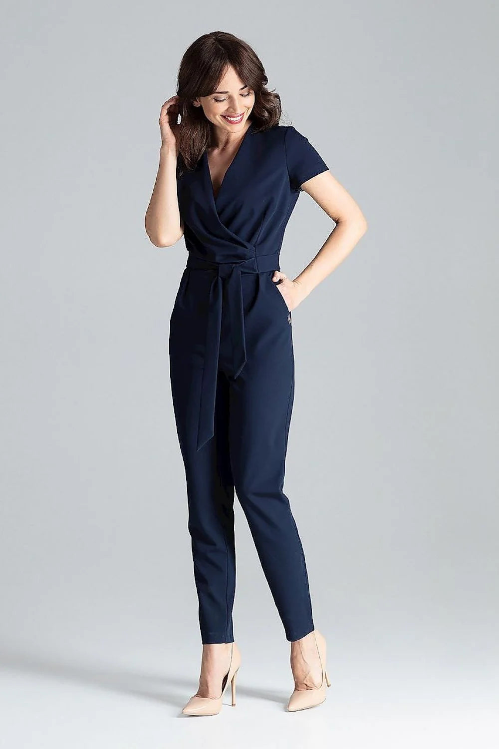 Combinaison Lenitif élégante pour femme design moderne cache-cœur manches courtes ceinture intégrée vert profond polyester viscose taille ajustable