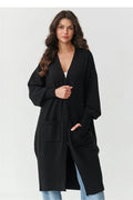 cardigan long femme oversize maille tricotée ouvert devant poches plaquées manches ballon poignets côtelés confortable doux extensible