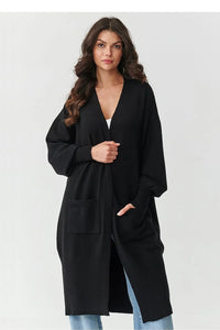 cardigan long femme oversize maille tricotée ouvert devant poches plaquées manches ballon poignets côtelés confortable doux extensible