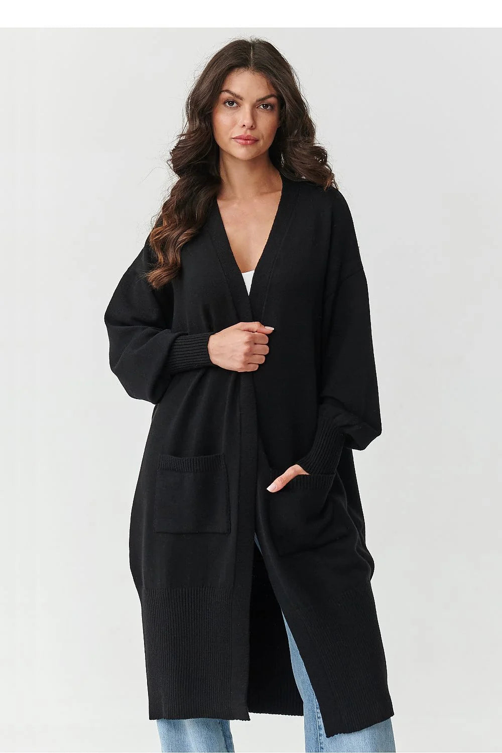 cardigan long femme oversize maille tricotée ouvert devant poches plaquées manches ballon poignets côtelés confortable doux extensible