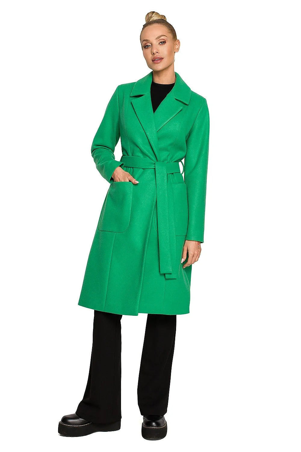 Manteau femme élégant long col revers ceinture poches vert veste hiver mode laine acrylique polyester