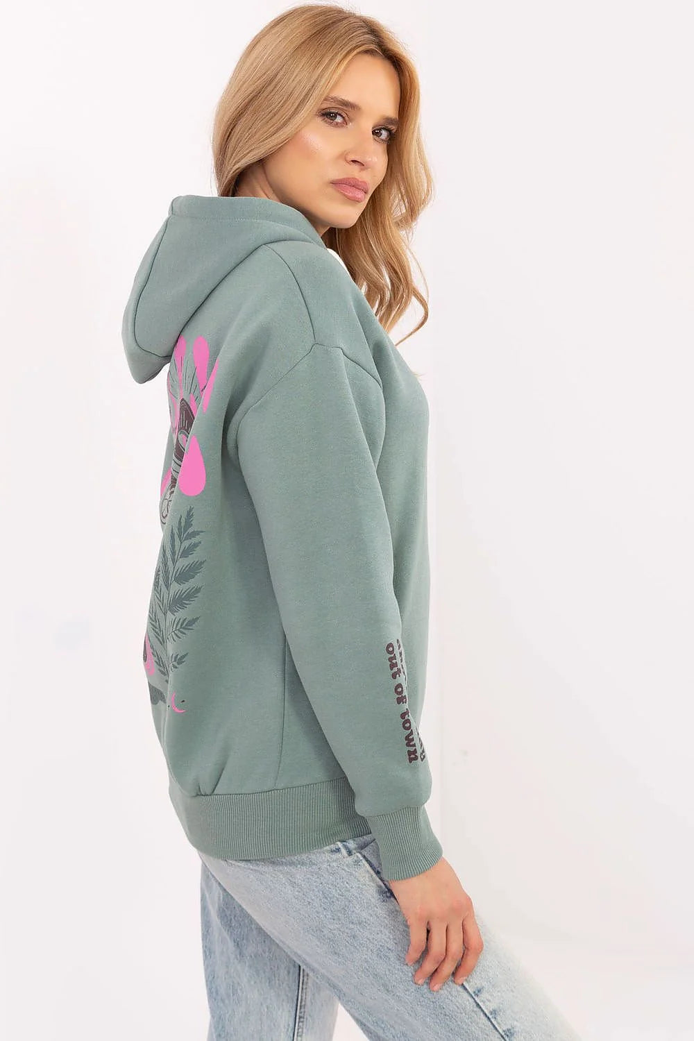 Sweatshirt femme capuche design moderne couleur vert sauge graphique champignon manches longues