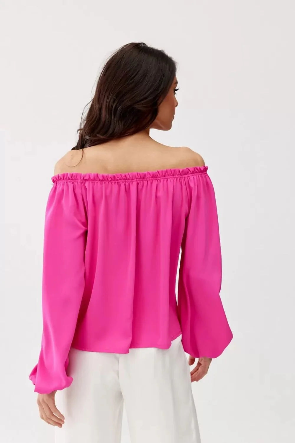 Chemisier Roco Fashion rose vif off-the-shoulder manches longues épaules dénudées tissu satiné fleur en tissu femme
