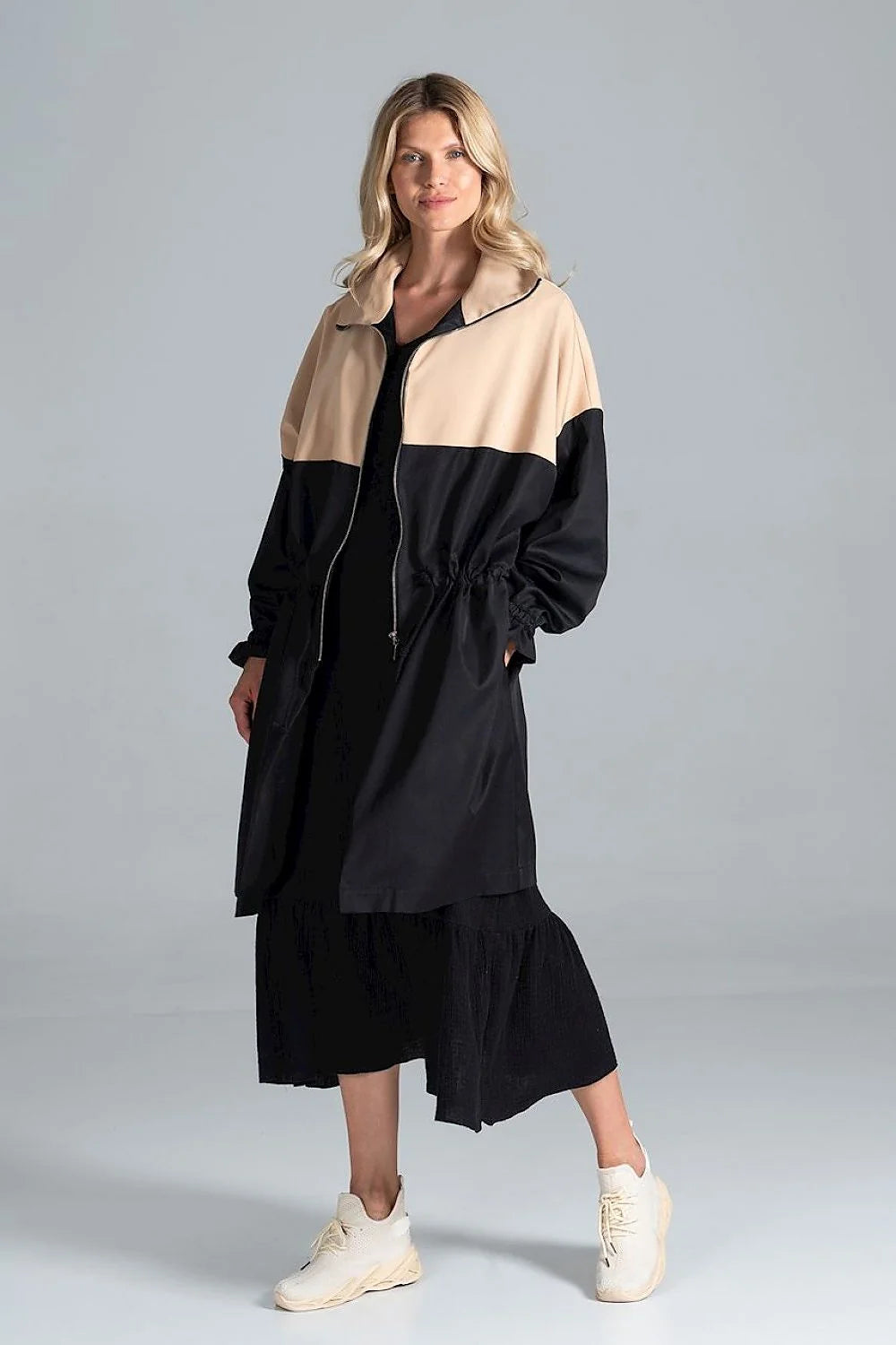 Manteau femme polyester bicolore gris clair beige long élégant urbain capuche mi-saison mode automne