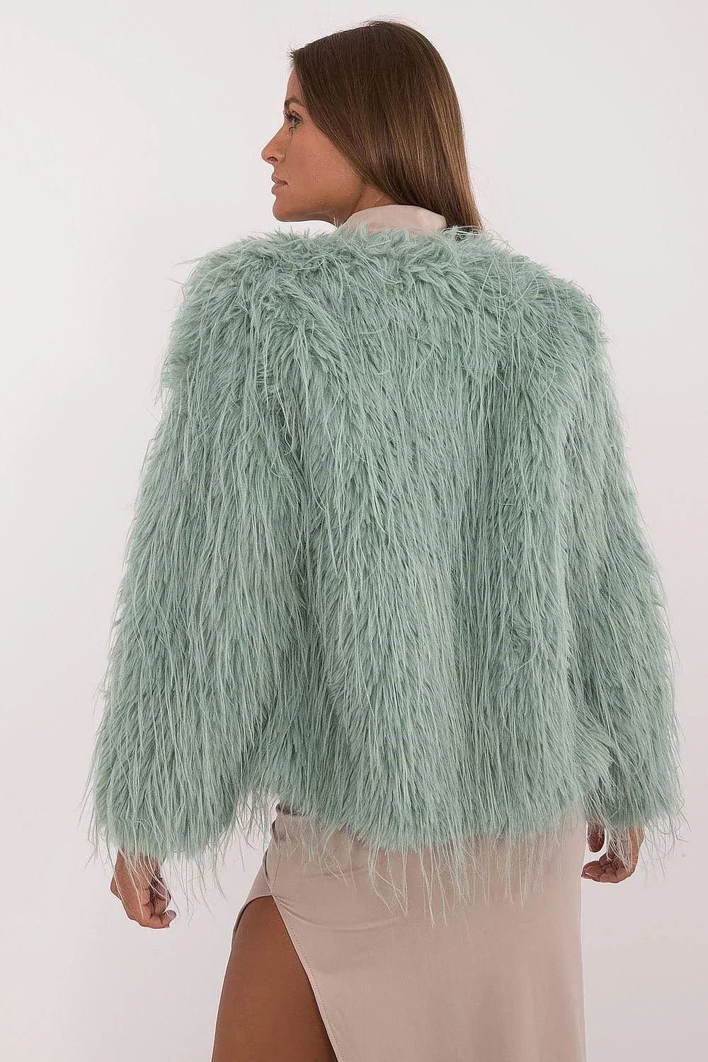 Veste en fausse fourrure vert menthe longue manches rond hiver automne mode féminine élégante