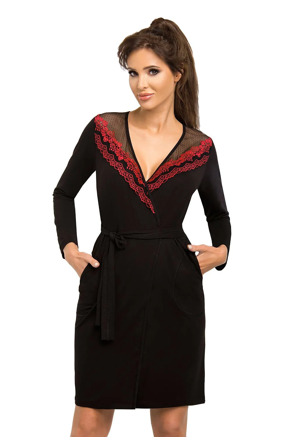 Robe de chambre longue dentelle élégante bleu marine sans manches pour femme sophistiquée et confortable