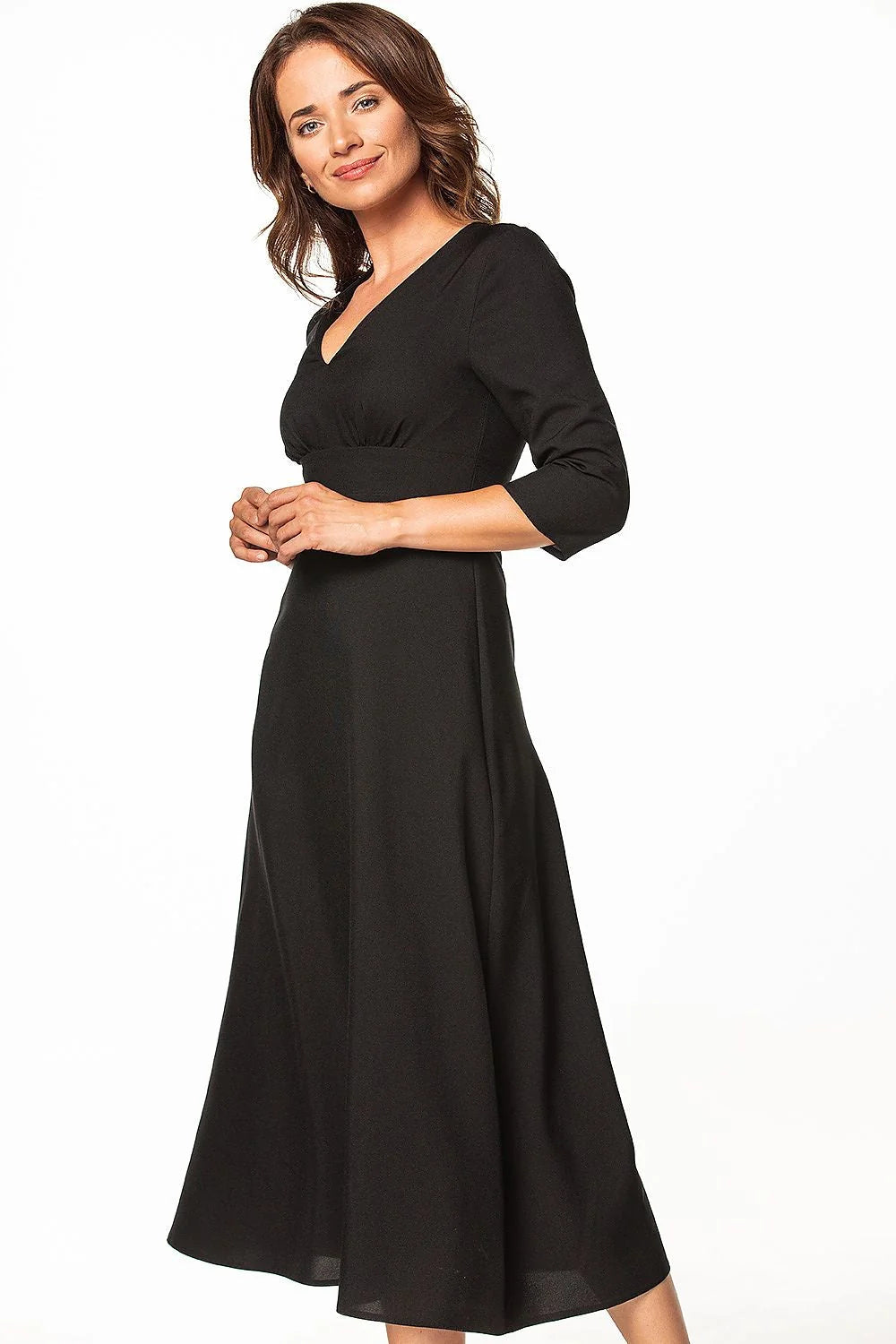 Robe de jour élégante pour femme en tissu doux, manches 3/4, fermeture éclair couverte, taille ajustable, style intemporel