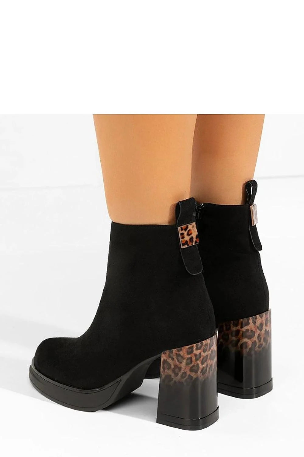 bottines femme talon bloc suédine noires bout rond plateforme carré transparent imprimé léopard fermeture éclair latérale patte arrière confortables durables