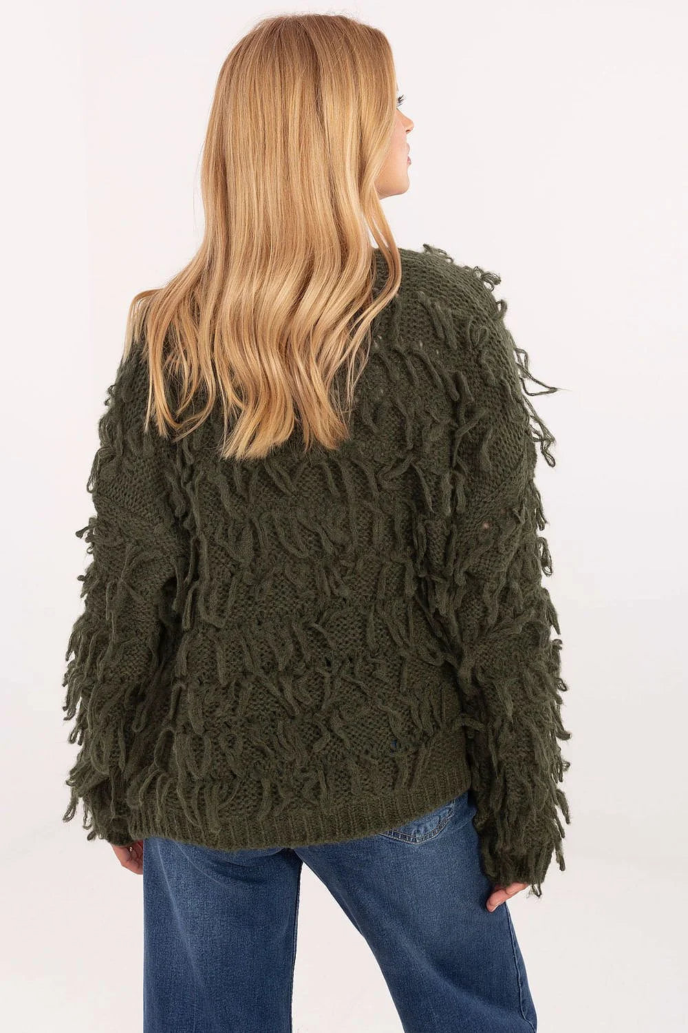 gilet cardigan femme oversize grosse maille mohair pelucheux vert olive colV bords côtelés manches longues franges texturées boho chaud superposition