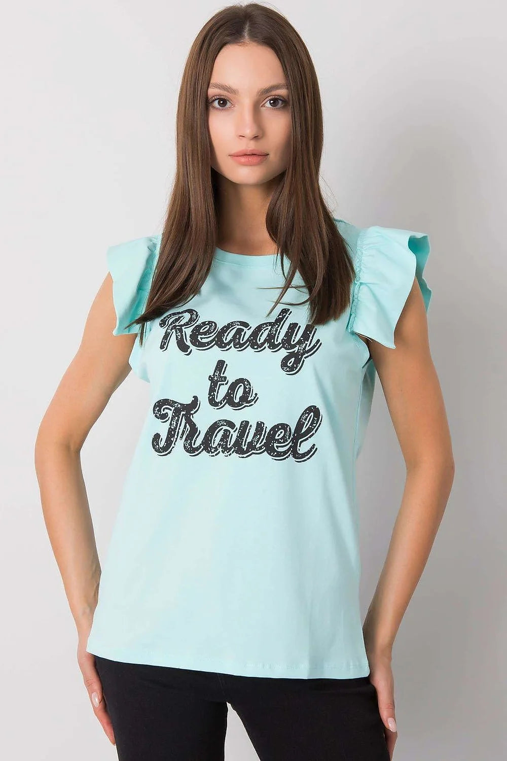 Top mode femme sans manches en coton graphique Ready to Travel ruffle neckline pastel yellow casual chic