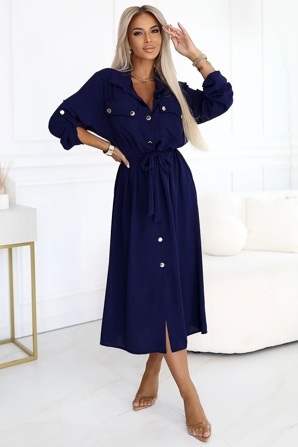 Robe élégante longue pour femme en polyester Numoco bleu marine boutons dorés taille ajustable manches longues