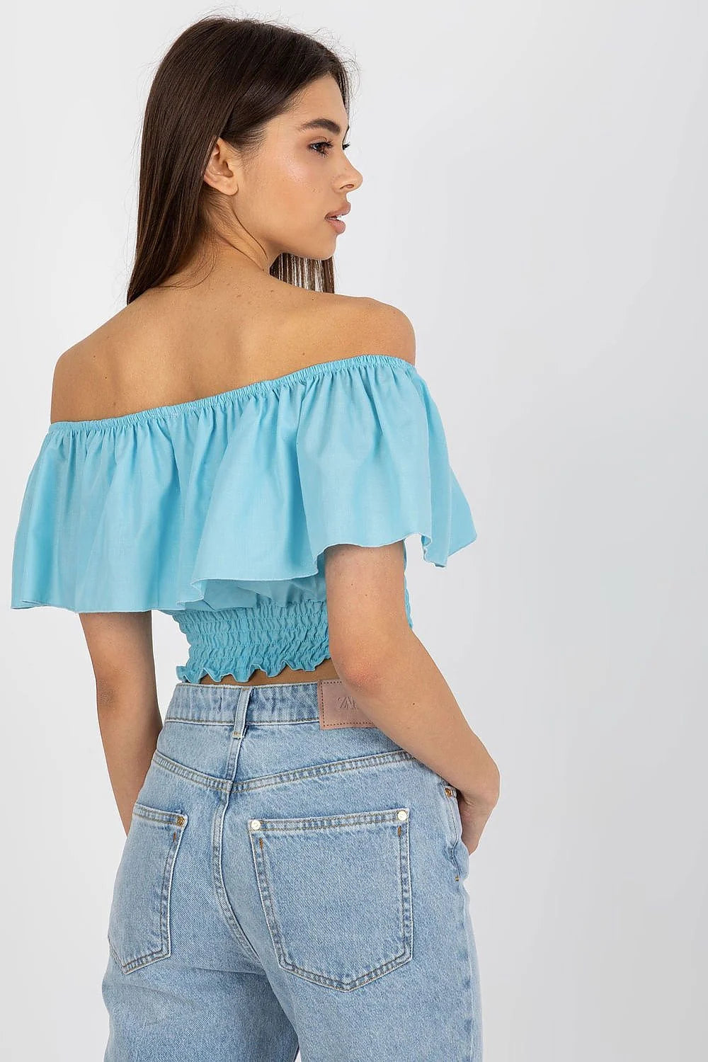 chemisier court bohème coton doux élasthanne léger bardot épaules dénudées volant large smocké extensible corsage fluide bleu ciel coupe courte