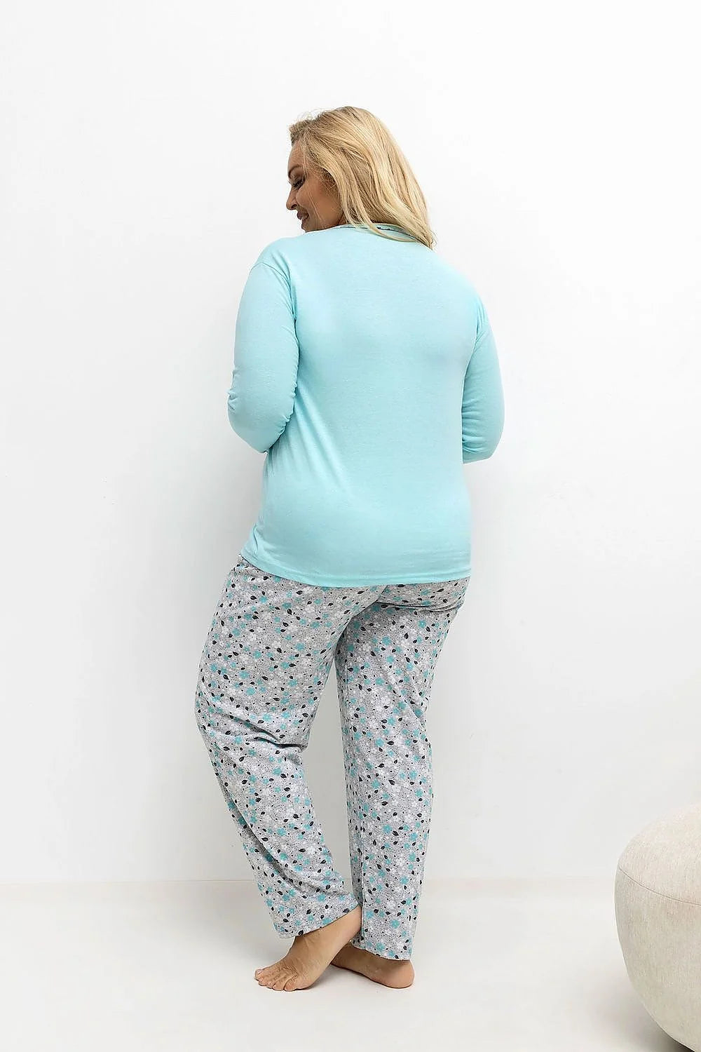 pyjama femme grande taille coton doux col rond manches longues patte boutonnée trois boutons pantalon long imprimé turquoise extensible