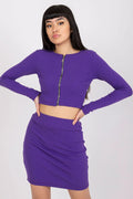 Ensemble femme Rue Paris crop top manches longues jupe courte tricot côtelé violet vif tendance mode urbaine