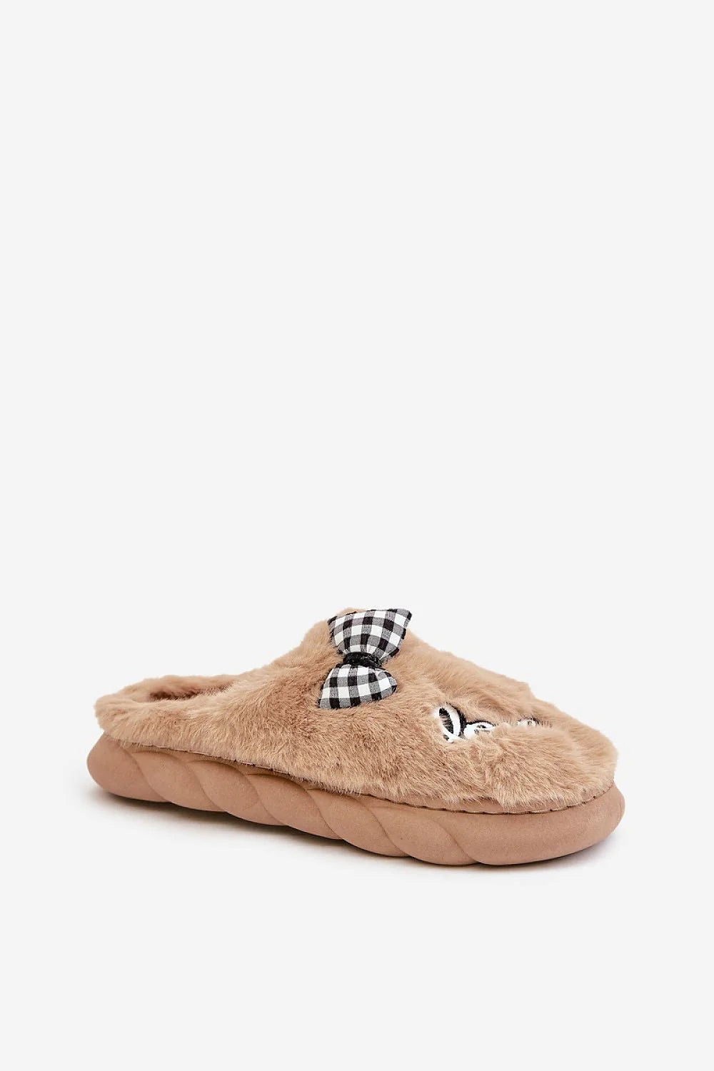 Pantoufles en fourrure pour femmes design élégant nœud cils beige intérieure froid confort mode taille L