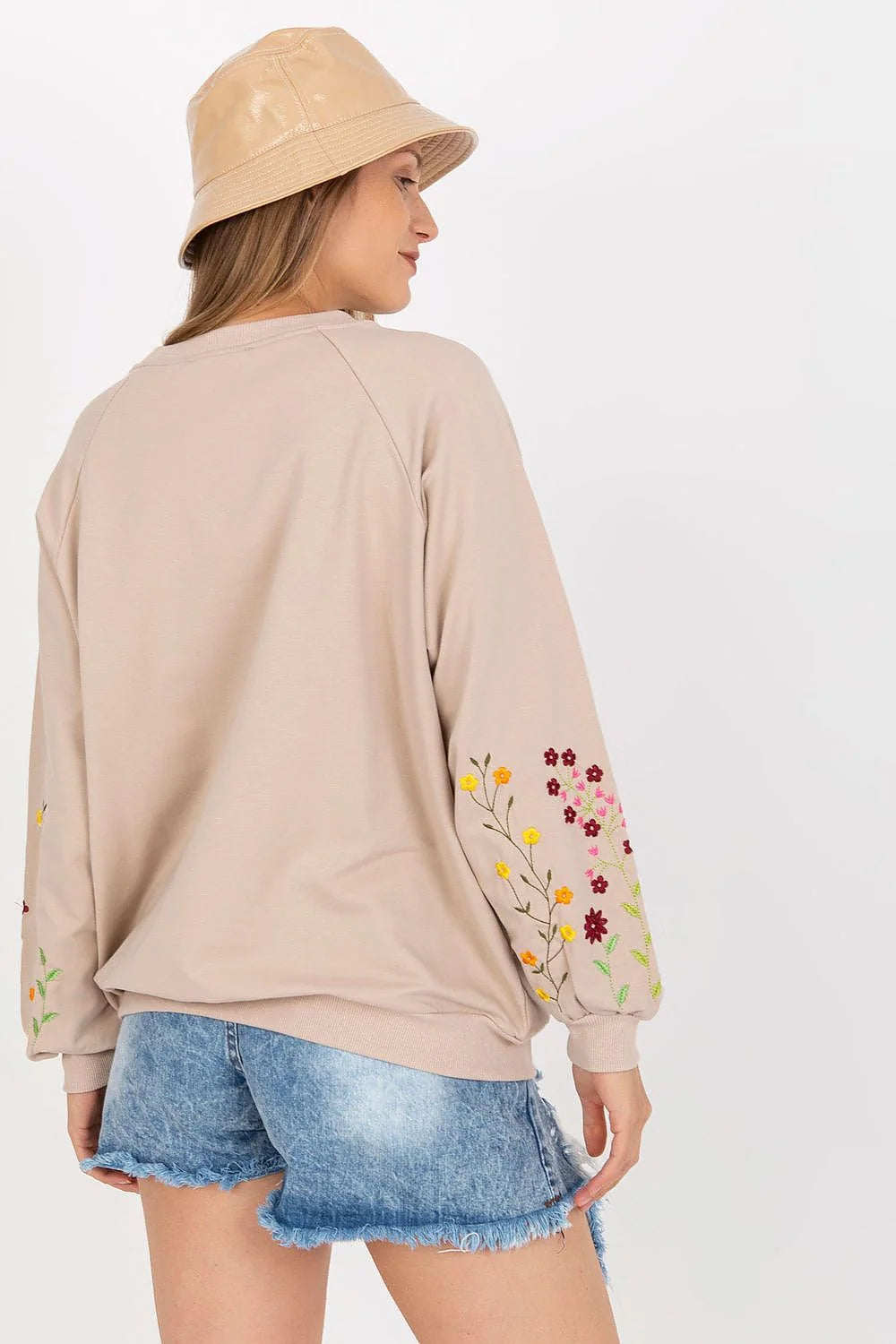 Sweatshirt femme style Parisien manches longues broderie fleurs couleur beige coton élasthanne taille L/XL