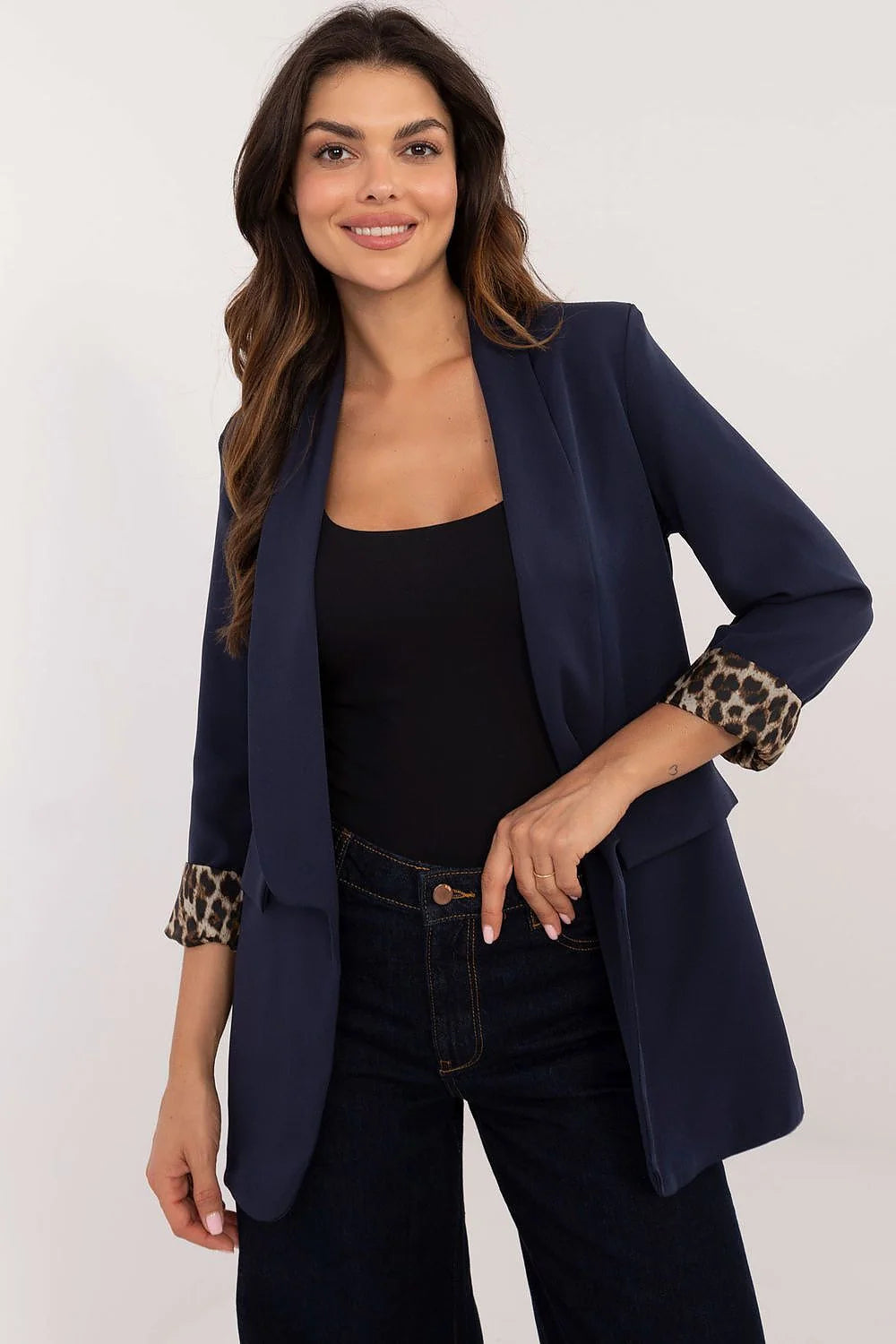 Veste élégante pour femme bleu marine blazer classique manches longues coupe ajustée motif léopard doublure polyester occasionnels formels polyvalente mode