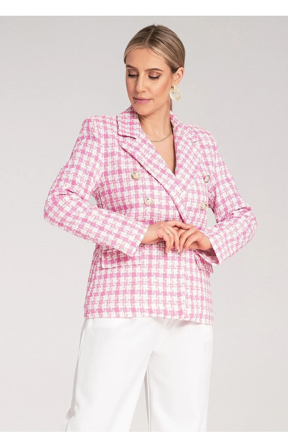 Blazer femme élégant à carreaux double boutonnage tissu jacquard 75% coton 25% polyester taille ajustée boutons dorés coupe moderne
