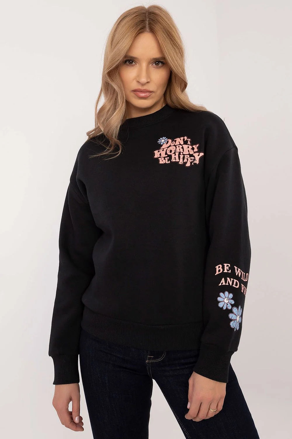 Sweatshirt femme manches longues couleur noire style hippie graphique tendance