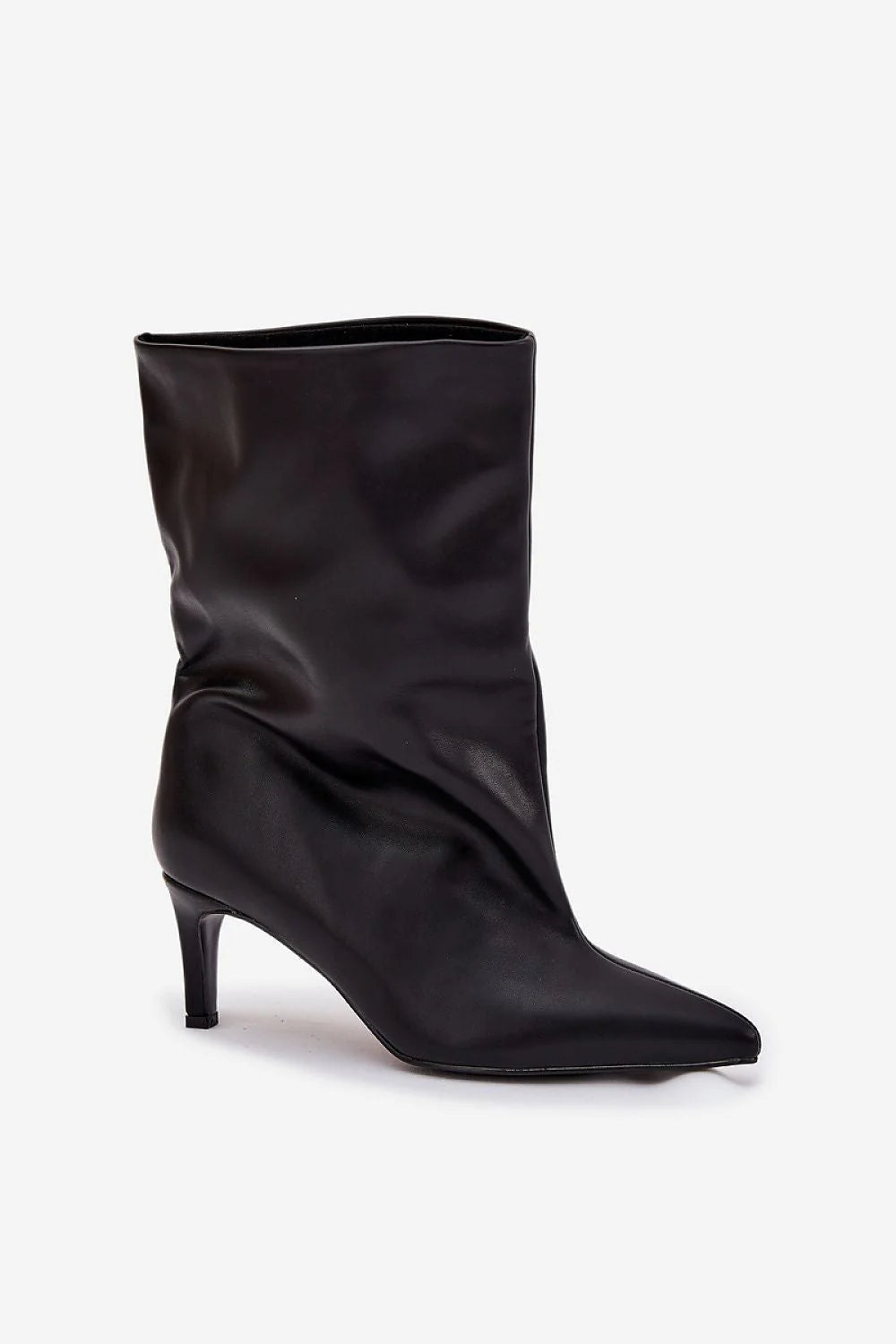 bottines mi mollet talon fin bout pointu silhouette effilée tige souple plissée drapée cuir synthétique noir mat élégant féminin
