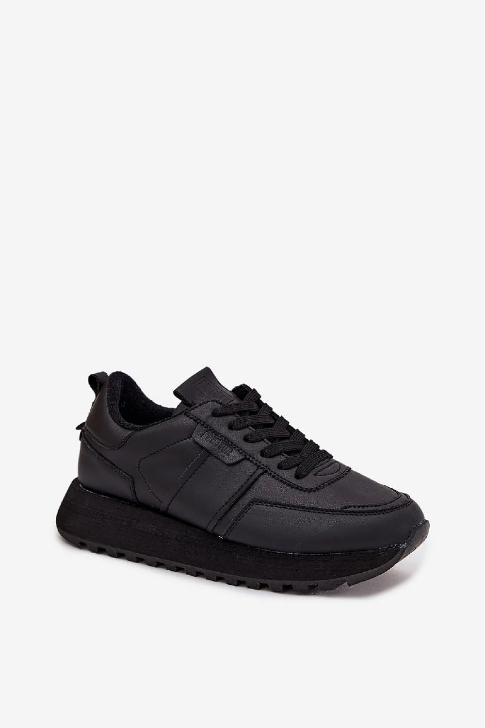 sneakers femme BigStar cuir synthétique noir mat plateforme 35mm crantée minimaliste lacets plats bout rond talon rembourré confort