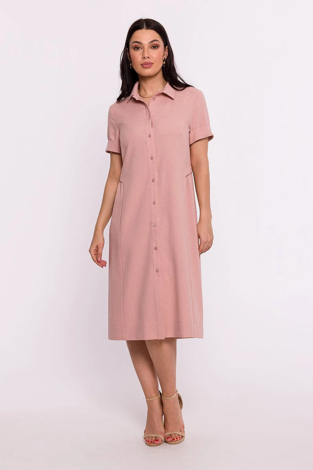 Robe de jour élégante Be Wear chemisier manches courtes boutonnage devant col chemisier poches latérales tissu高品质 couleur rose poudrée femme