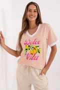 T-shirt femme été style décontracté motif citrons Dolce Vita rayures orange blanc