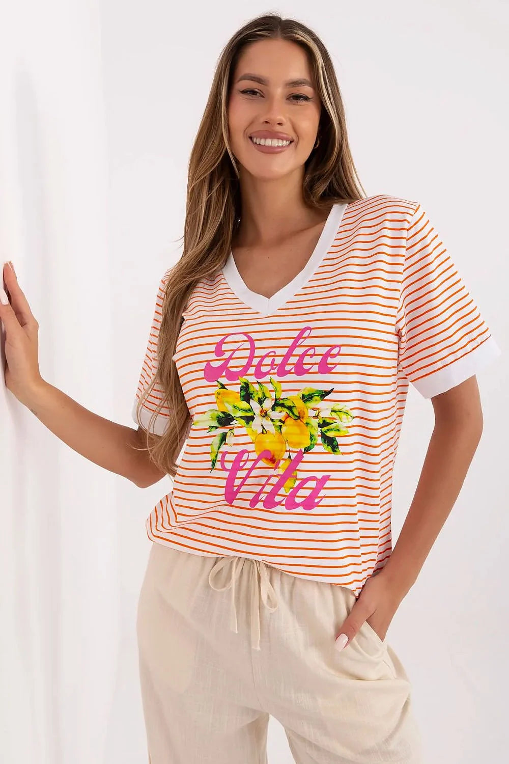 T-shirt femme été style décontracté motif citrons Dolce Vita rayures orange blanc