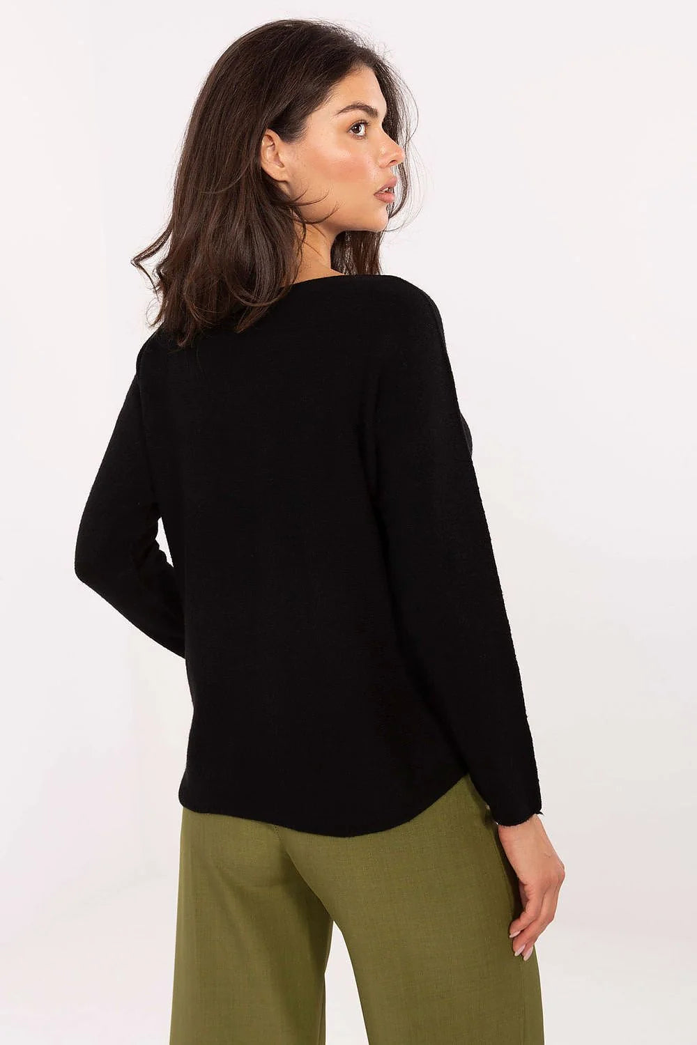 pull femme maille fine noir col rond manches longues réversible coupe droite longueur hanches ourlet arrondi lisse confortable durable