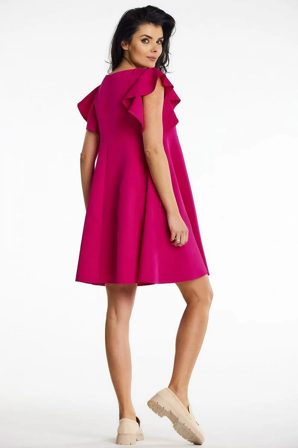 Robe de cocktail mini coupe trapèze encolure ronde volants épaules Polyester 95% Élasthanne 5% femme
