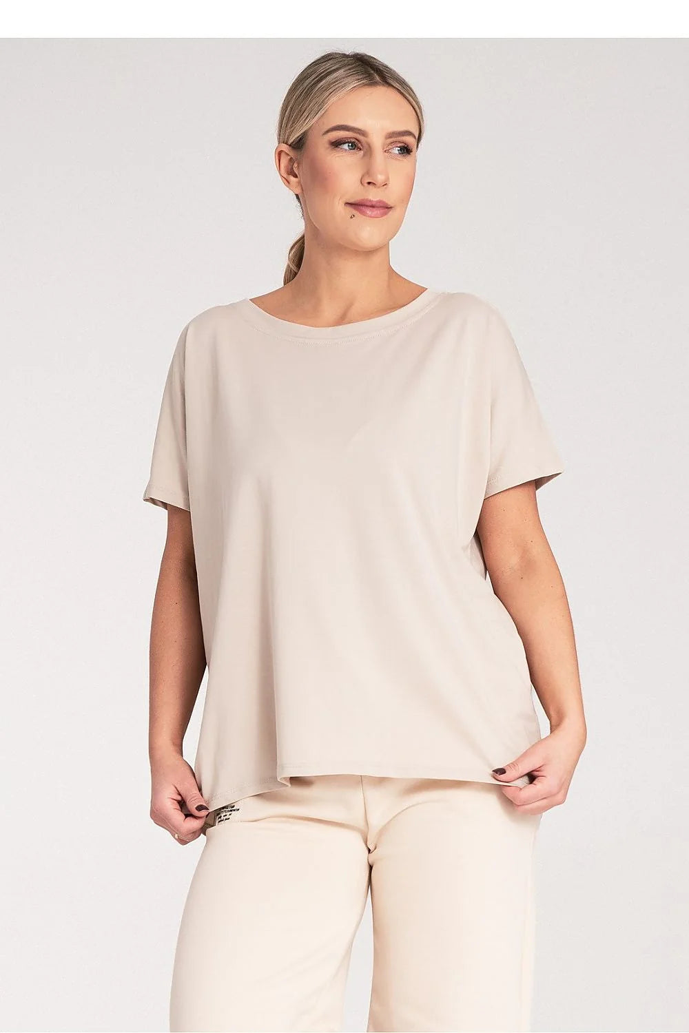 Ensemble femme casual haut et bas manches courtes beige fluide matelassé tissu coton élasthanne