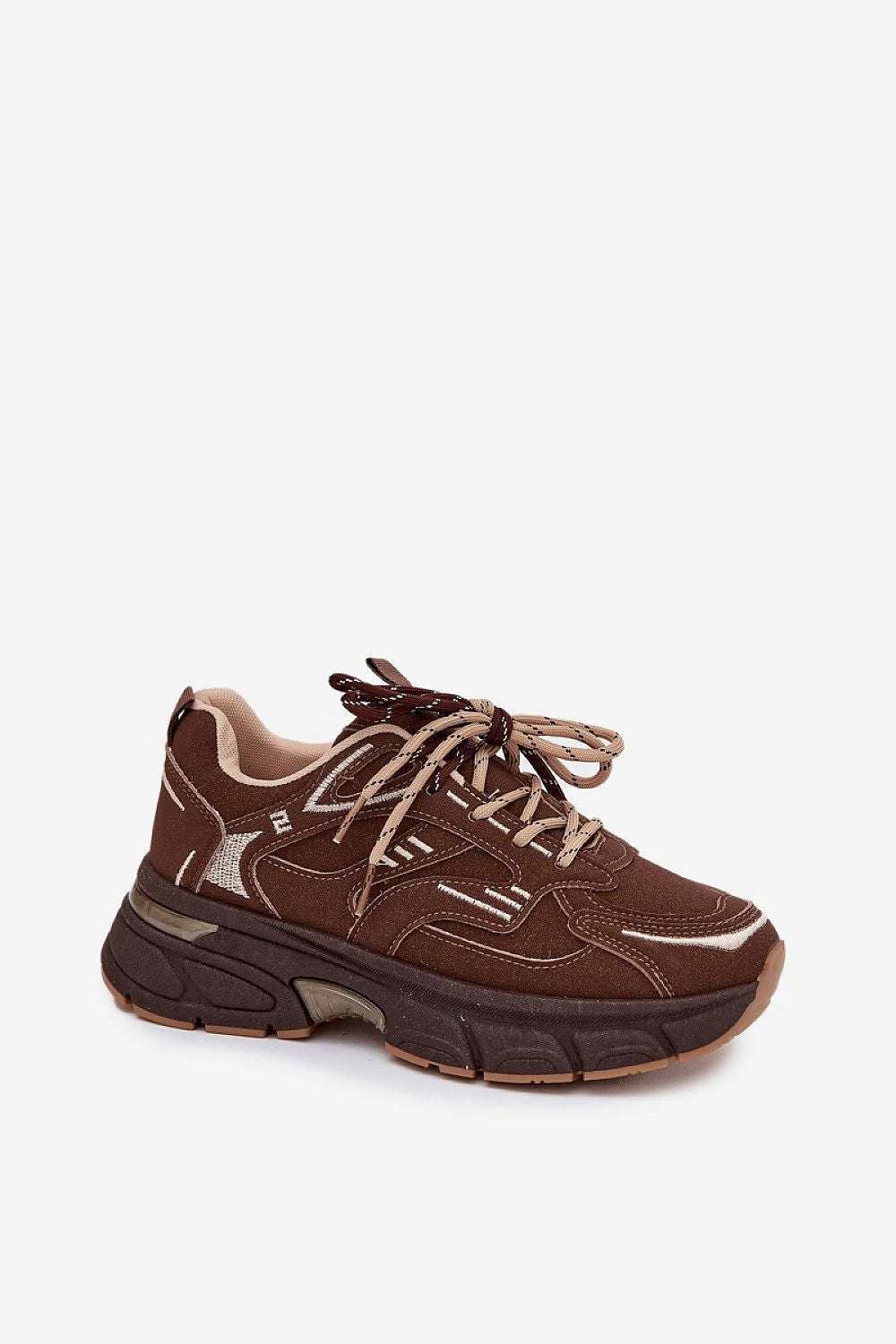 sneakers femme baskets casual chunky retrorunning semelle plateforme épaisse tige marron suédine surpiqûres beiges lacets bicolores col matelassé