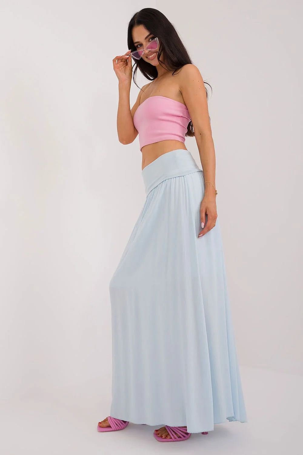 jupe longue maxi viscose doublée bleu pastel taille haute ceinture large évasée fluide drapé léger stretch polyvalente