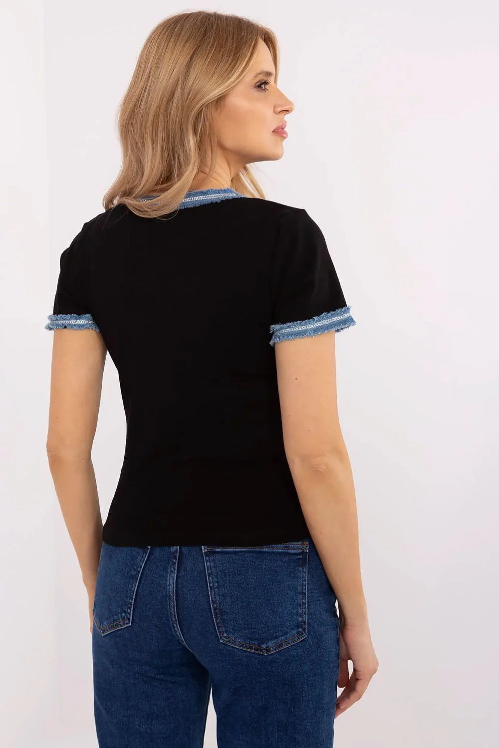 Chemisier NM féminin moderne décontracté en coton denim bleu clair noire manches courtes V-neck ajusté