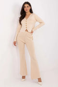 ensemble femme chic confortable viscose polyester maille douce extensible cardigan cropped colV manches longues boutons dorés pantalon taille haute
