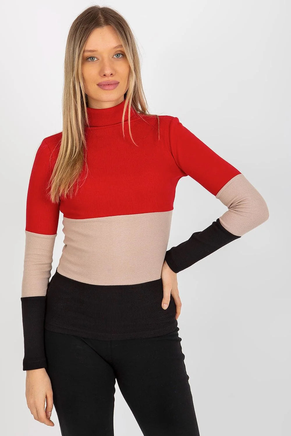 Pull col roulé multicolore maille côtelée coton élasthanne bleu rose vert ajusté manches longues ourlets nets design moderne