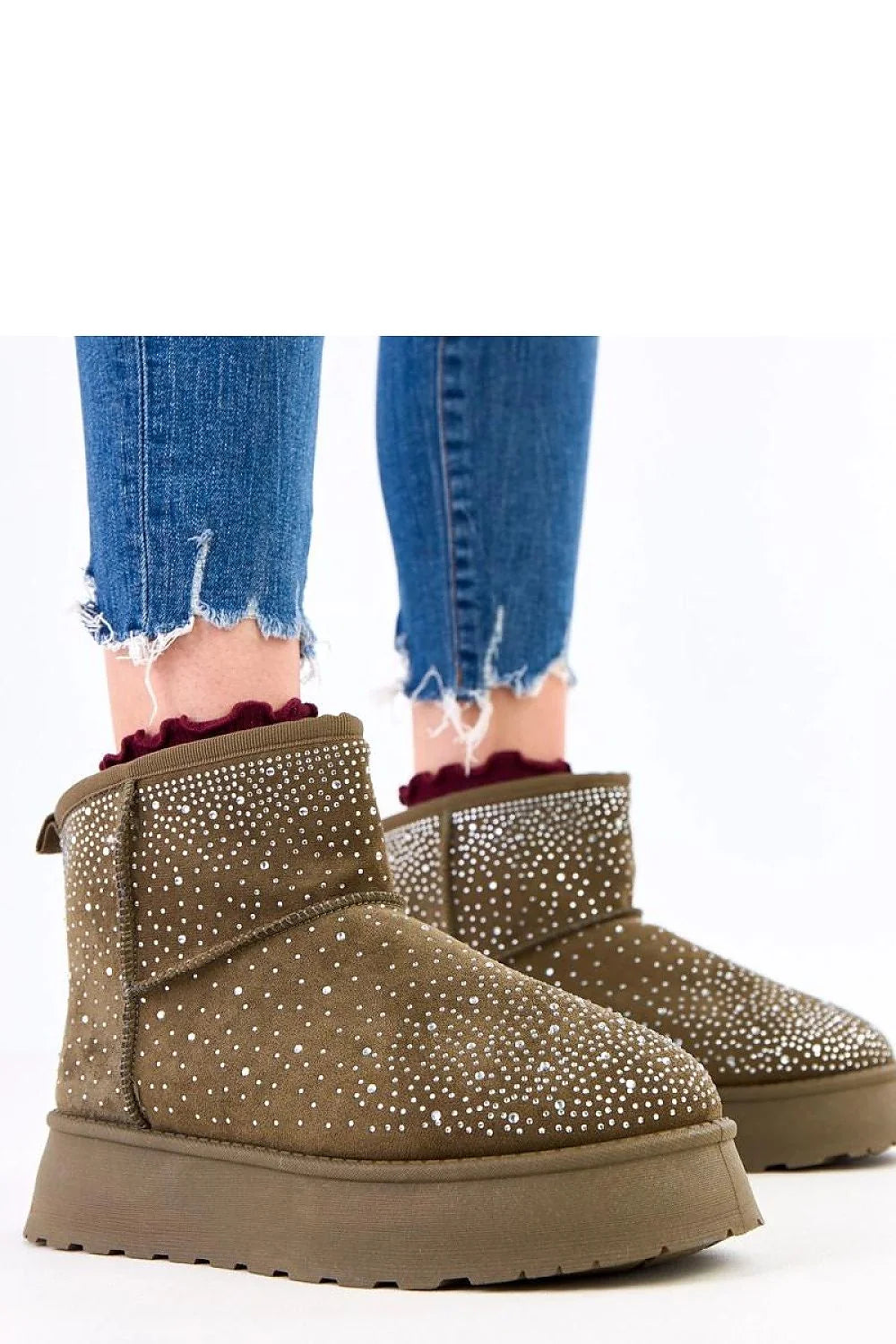 bottines femme suédine kaki strass scintillants plateforme chunky bout rond talon plat doublure fourrée semelle crantée bride arrière chaleur confort