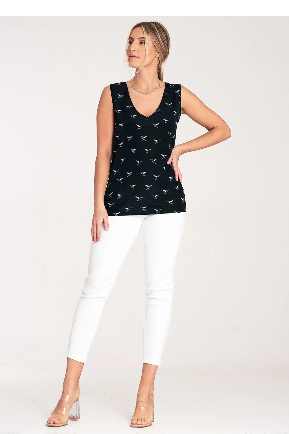 Chemisier Femme Élégant sans Manches en Polyester 100% Taille Longue Ronde Détails Oiseaux Noire Blanc S M L XL