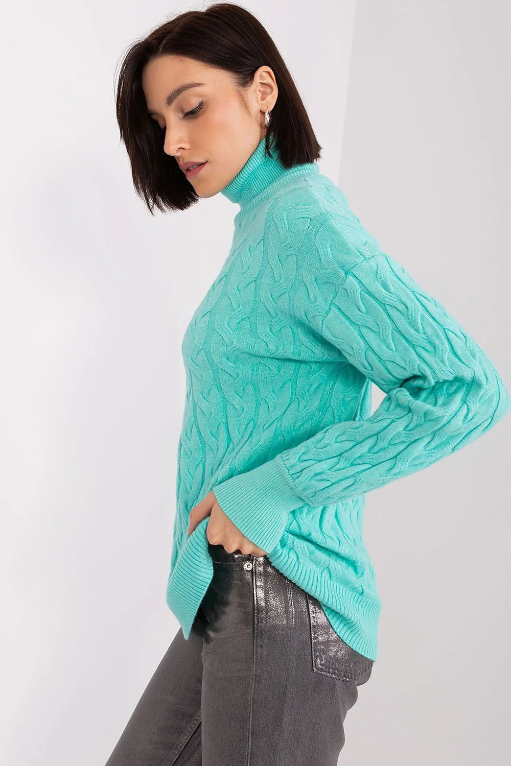 Pull à col roulé en maille torsadée bleu turquoise pour femme, style classique intemporel, confort optimal