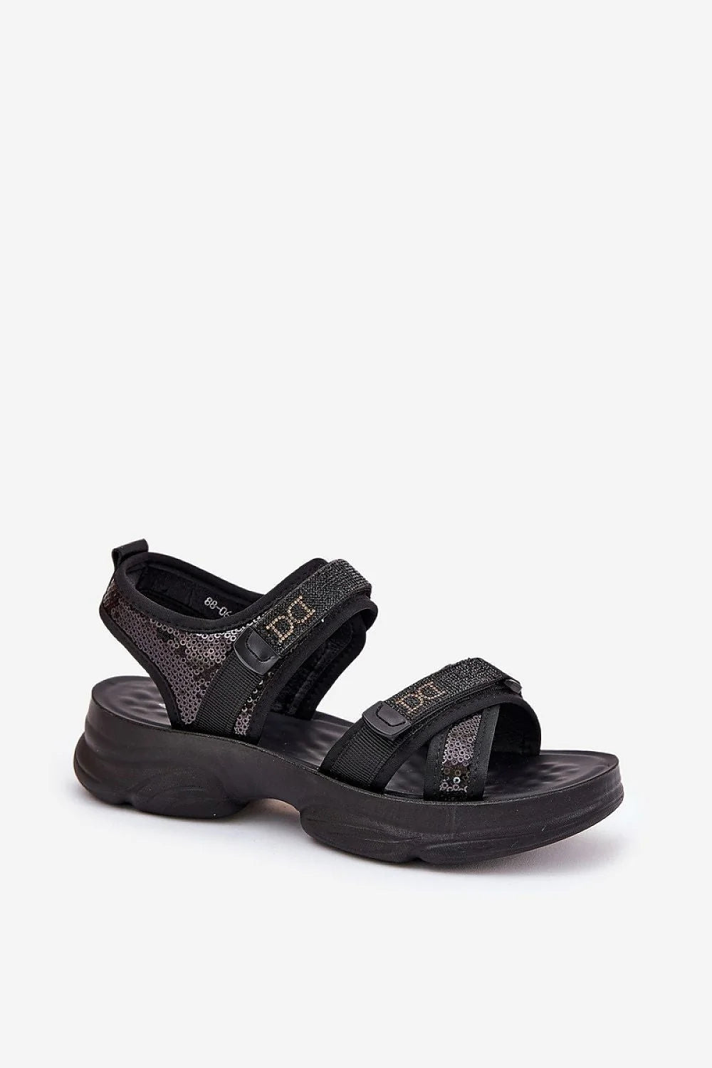 Sandales femmes design moderne plateforme paillettes Velcro cuir artificiel noir occasion estivale style élégant confort