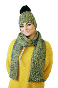 Ensemble hivernal pour femme, bonnet et écharpe tricotés en laine et acrylique, couleur bleu et jaune moucheté, style classique moderne, doublure polaire, pompon fourrure